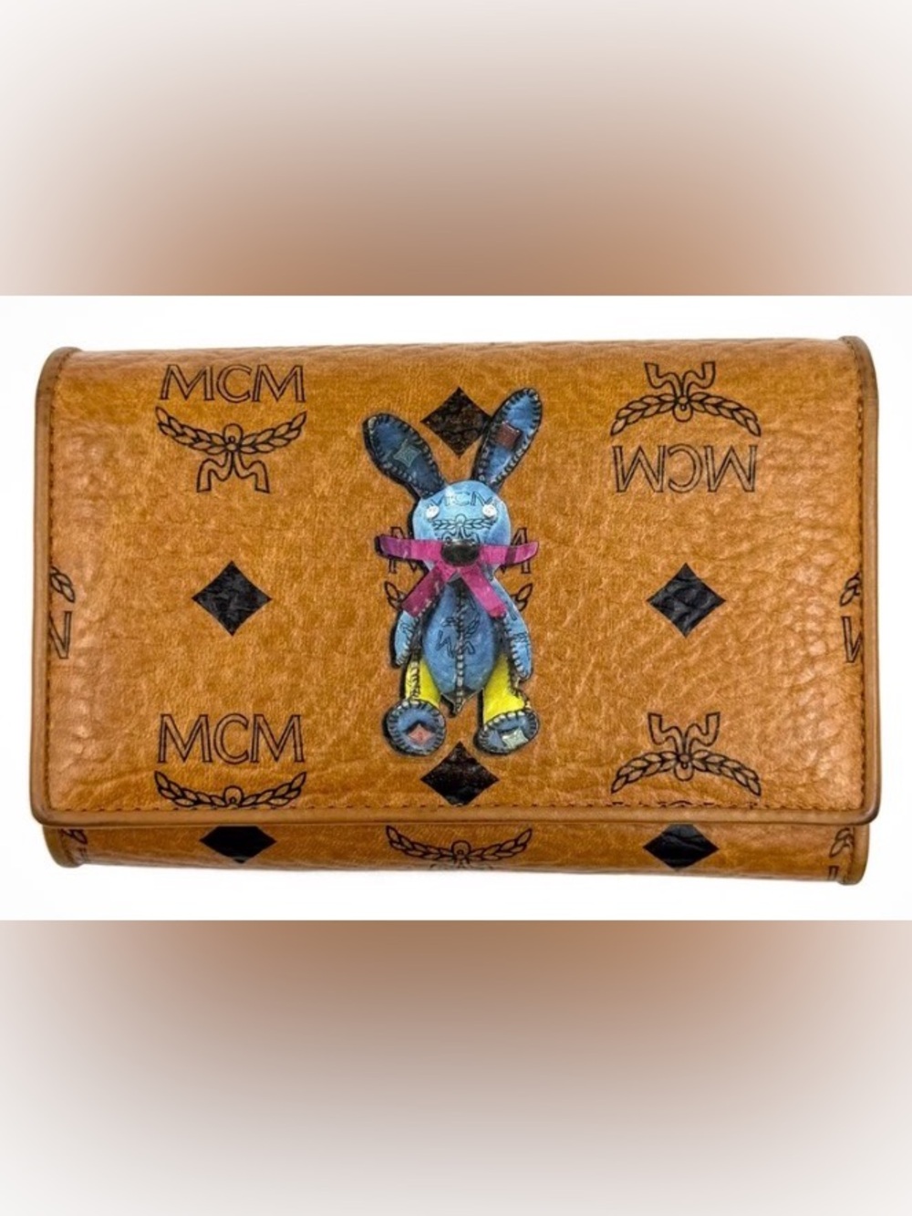 MCM Cognac Leather Bunny Patch Trifold Wallet with Blue, Pink & Yellow Accents